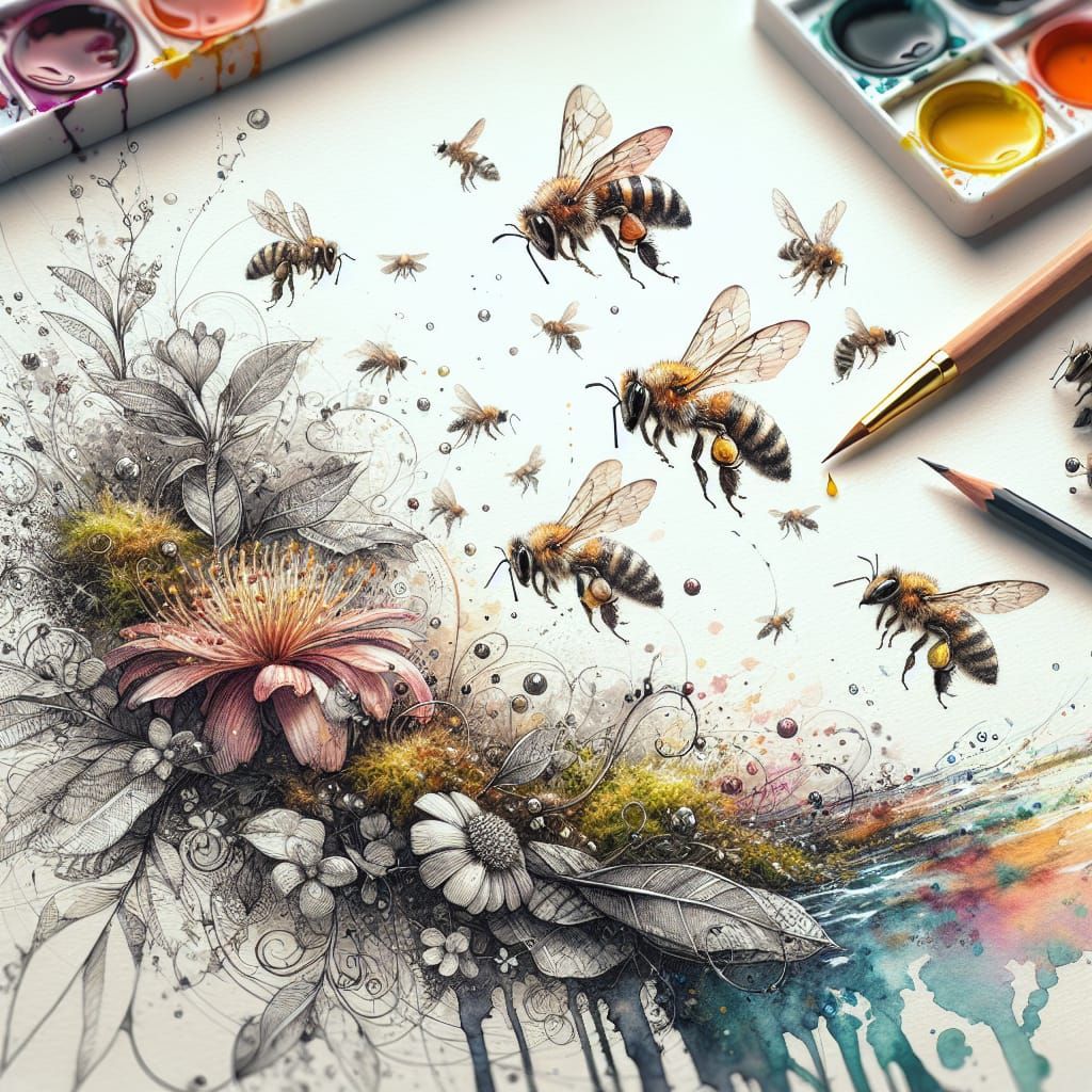 A captivating watercolor and pencil sketch of swarm of bees collecting pollinators