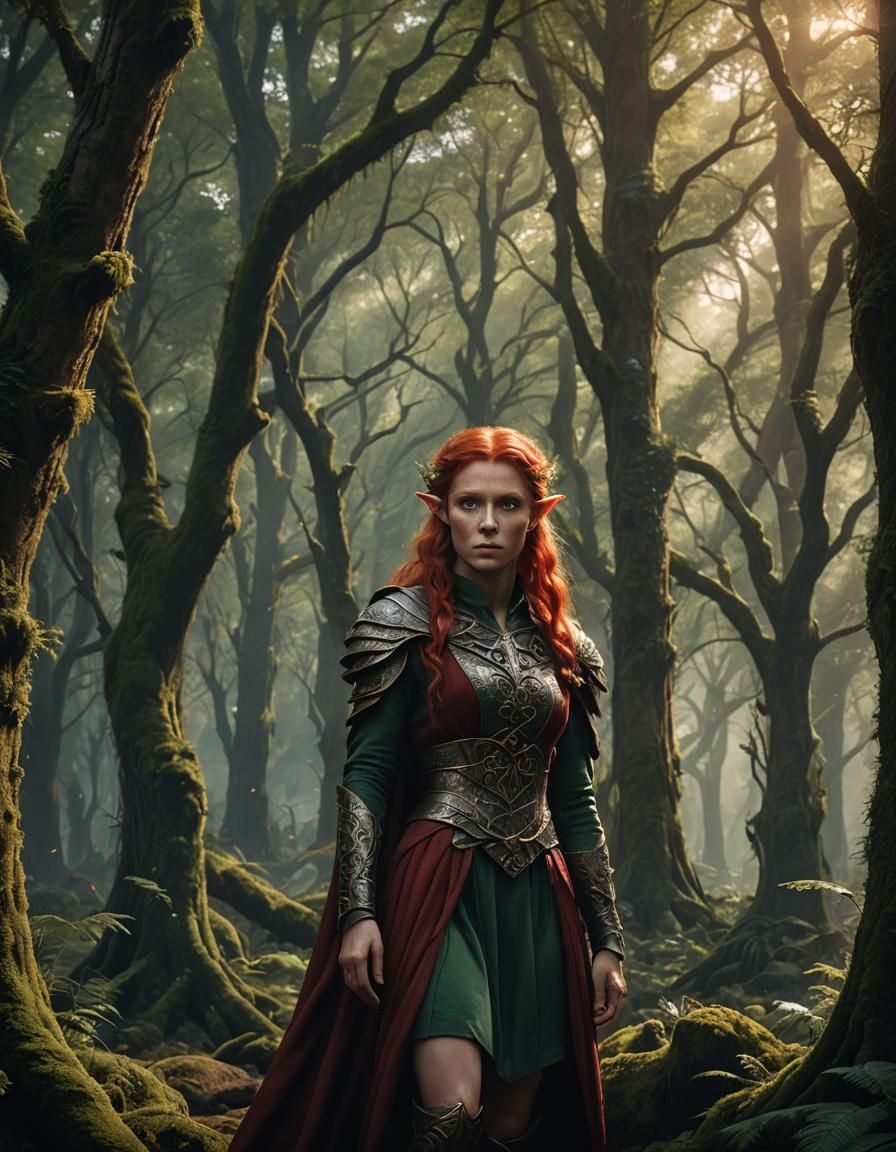 Red-Haired Elf Woman in Forest: Digital Matte Painting
