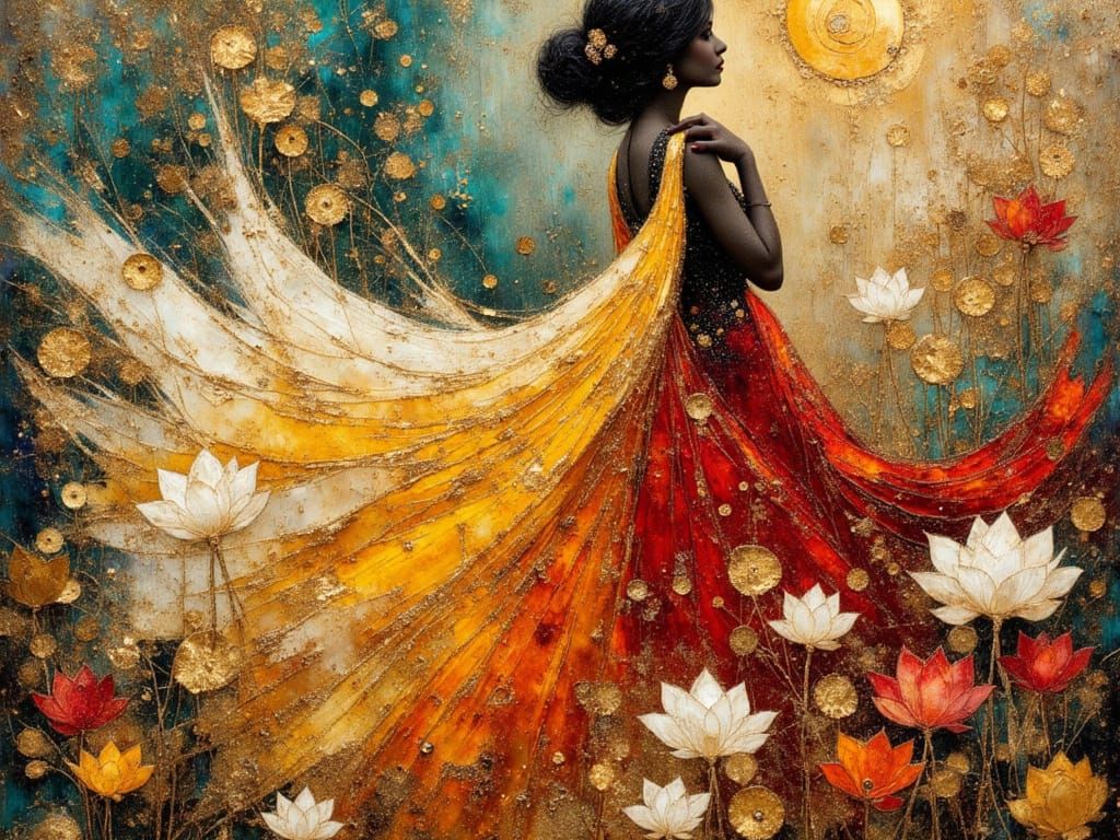 Indian Princess Silhouette with Lotus Flowers in Impasto Sty...