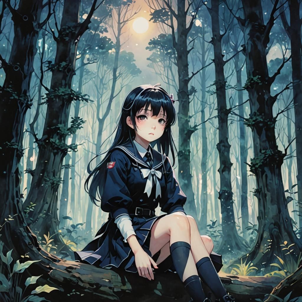 Pastel Gothic Anime Girl in Eerie Forest
