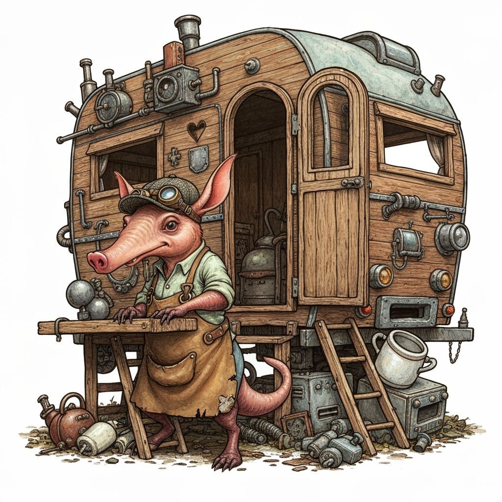 Steampunk Aardvark Builds Campervan in Cartoon Style
