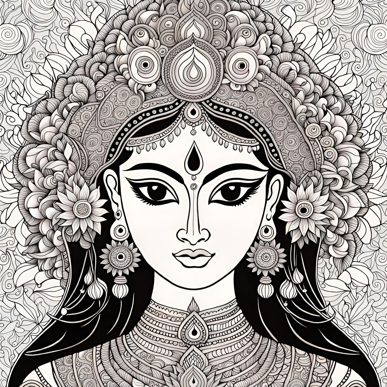 Fine Line Art of Goddess Durga