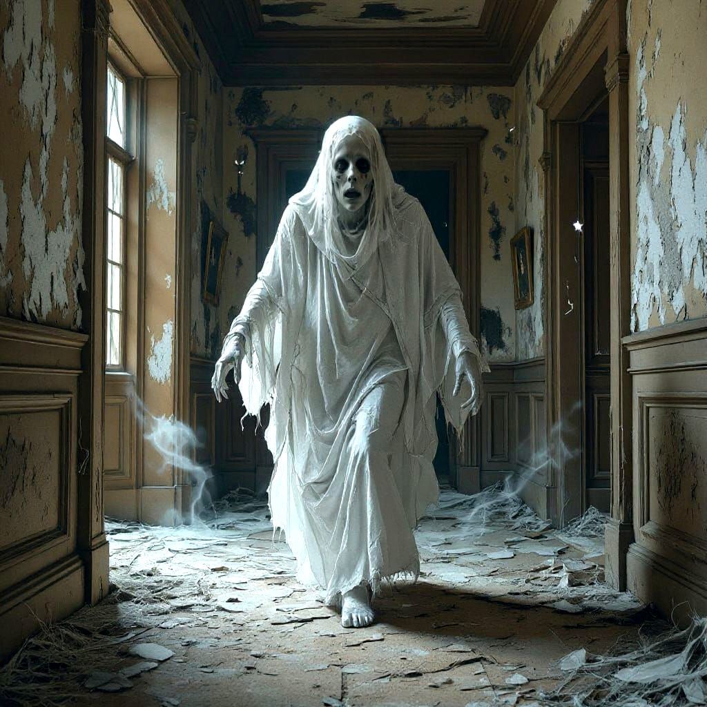 Ghostly Figure in Decaying Mansion: Gothic Horror Art
