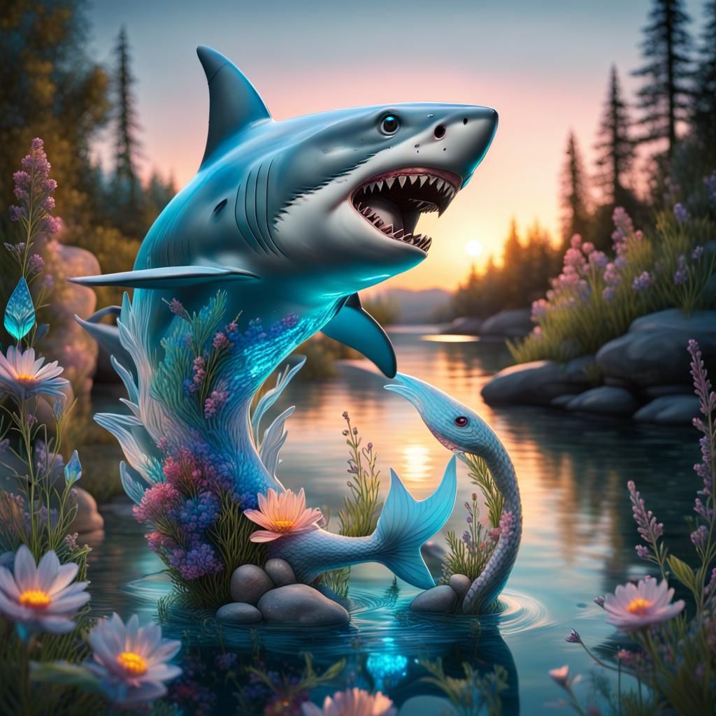 Bioluminescent Mermaid with Glass Shark in Riverscape