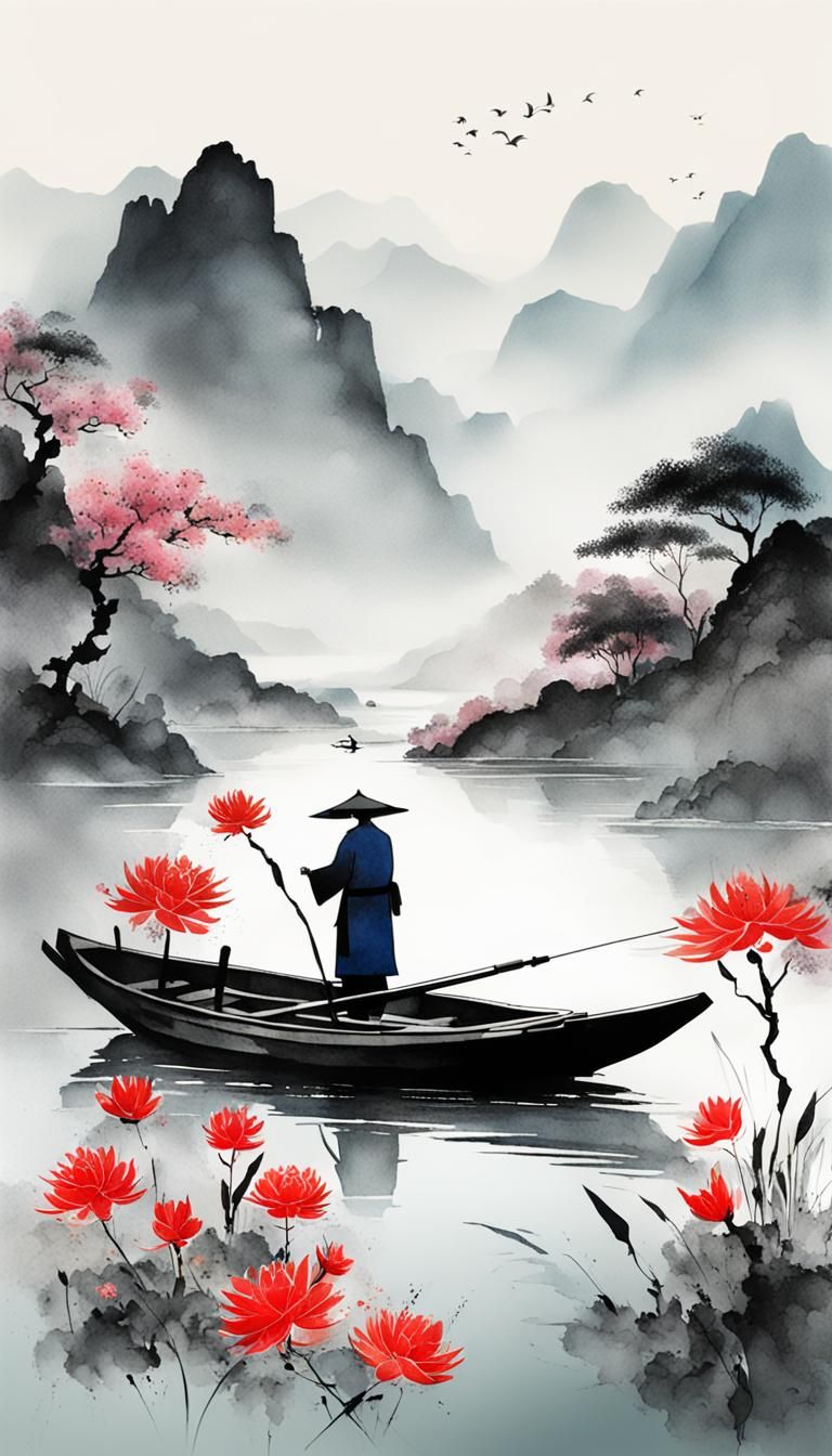 Minimalist Chinese Ink Painting of Fisherman on Lake