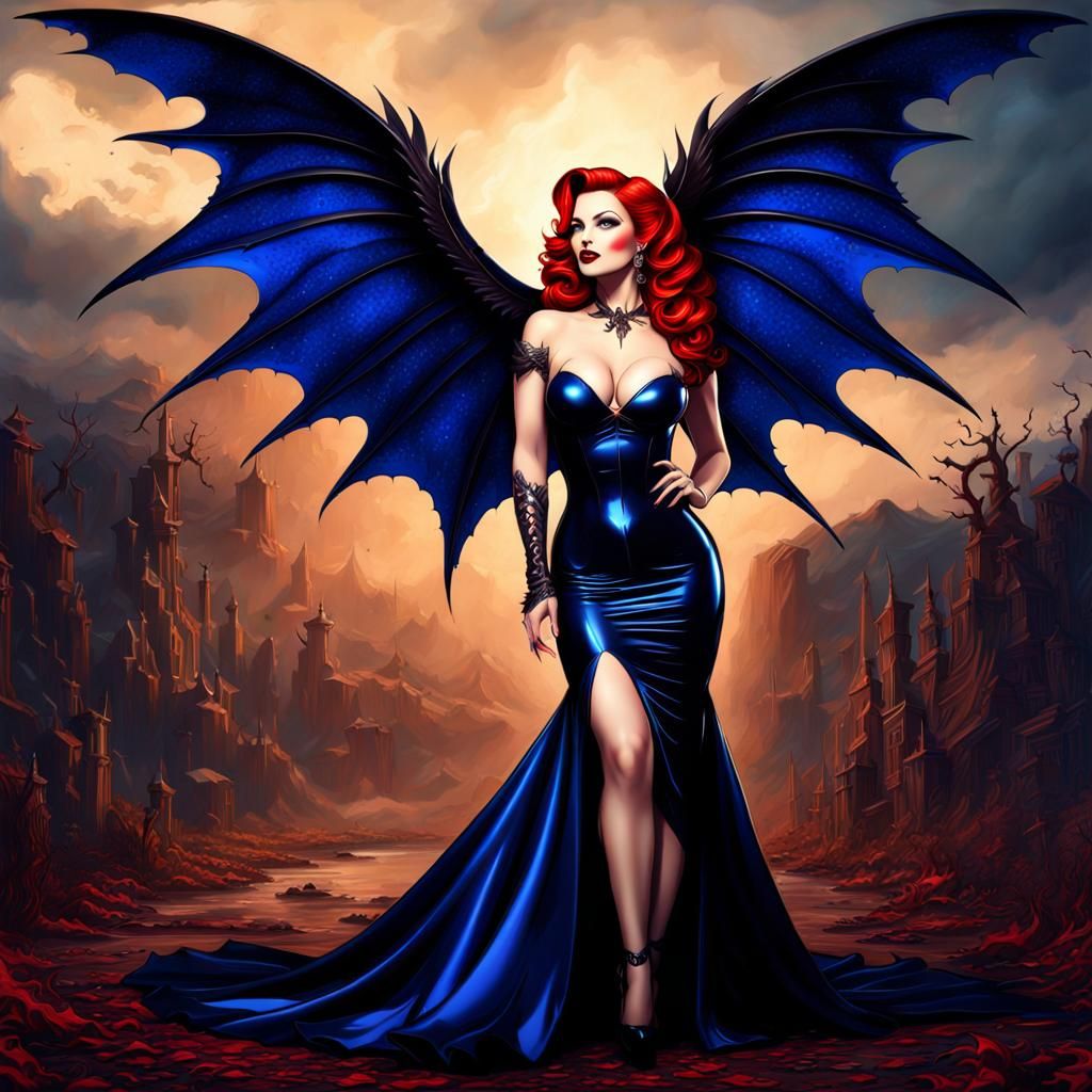 Gothic Vampire With Wings (Redhead & Navy Blue Dress)
