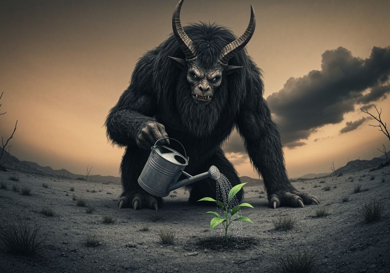 Menacing Creature Nurturing Life in Post-Apocalyptic World