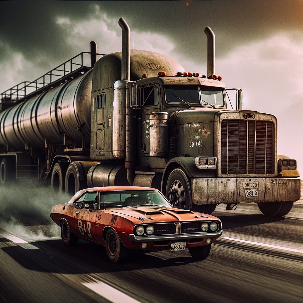 Vintage Truck Pursues Car on Desert Highway