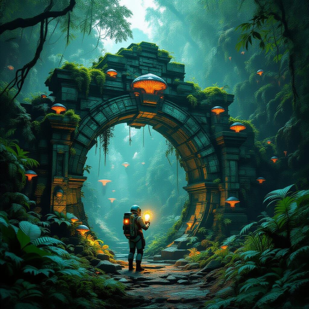 Bioluminescent Jungle Archway with Explorer