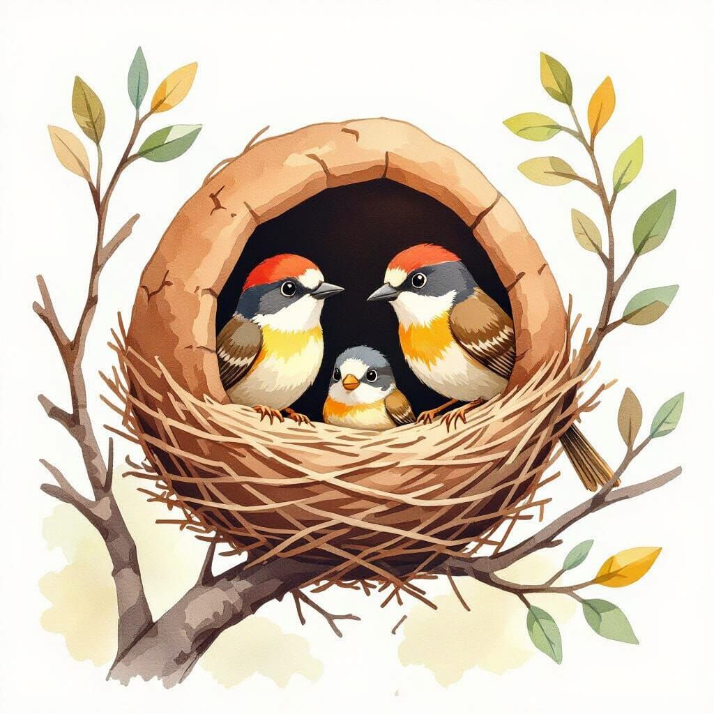 Charming Watercolor Hornero Bird Family in Mud Nest