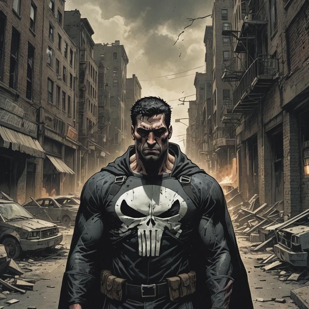 Punisher in Ruined City: Gritty Comic Book Illustration