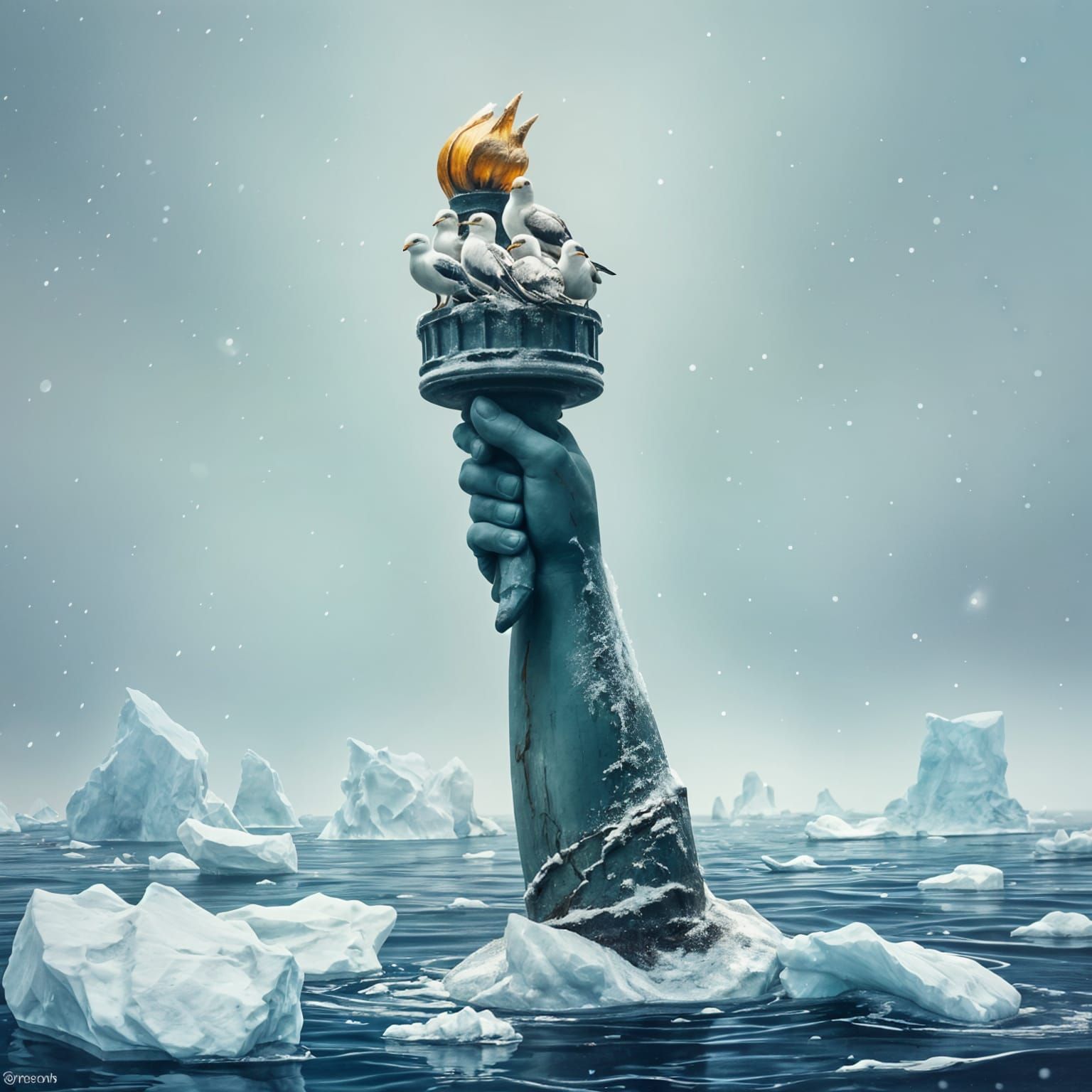 Cracked Liberty Arm Pierces Winter Storm