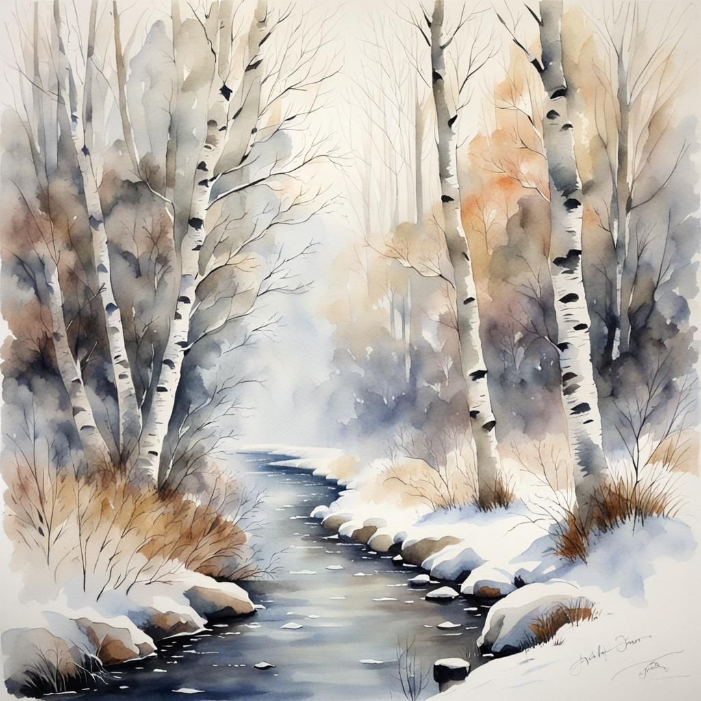 Misty Winter Stream in Snowstorm: Watercolor Painting