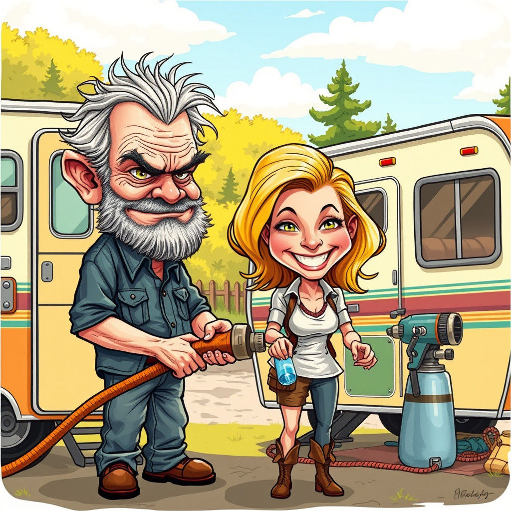 Cartoon Couple Fills Motorhome in Sunny Campground