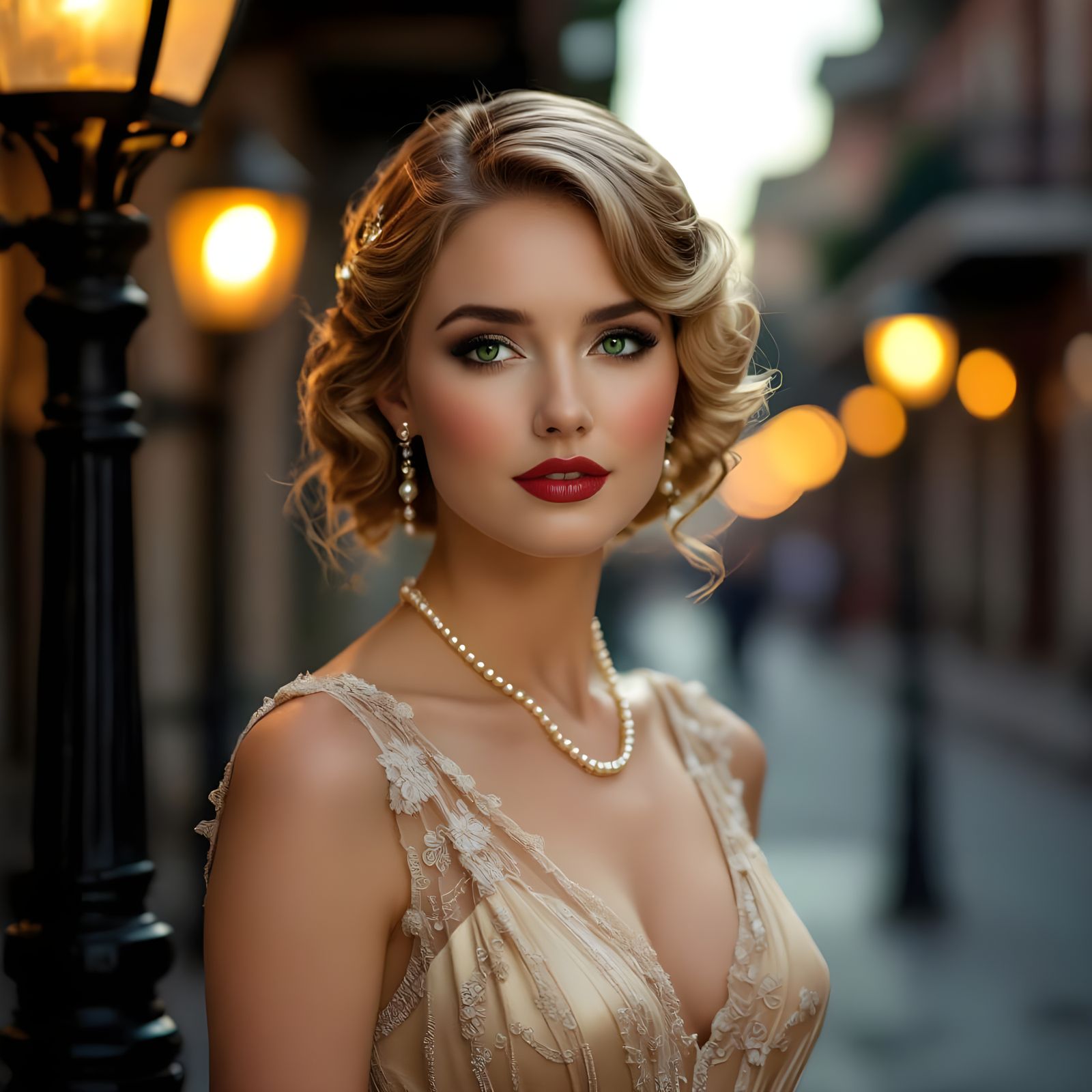 Elegant 1920s Woman With Emerald Eyes in Gaslight Glow