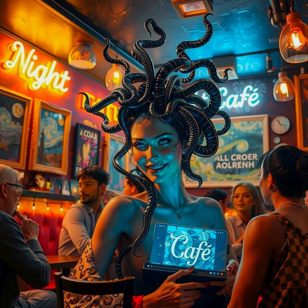 Cozy NightCafe Scene with Futuristic Art and Anime-Inspired...