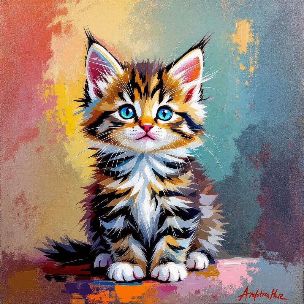 Playful Kitten in Gouache Style with Watercolor Textures