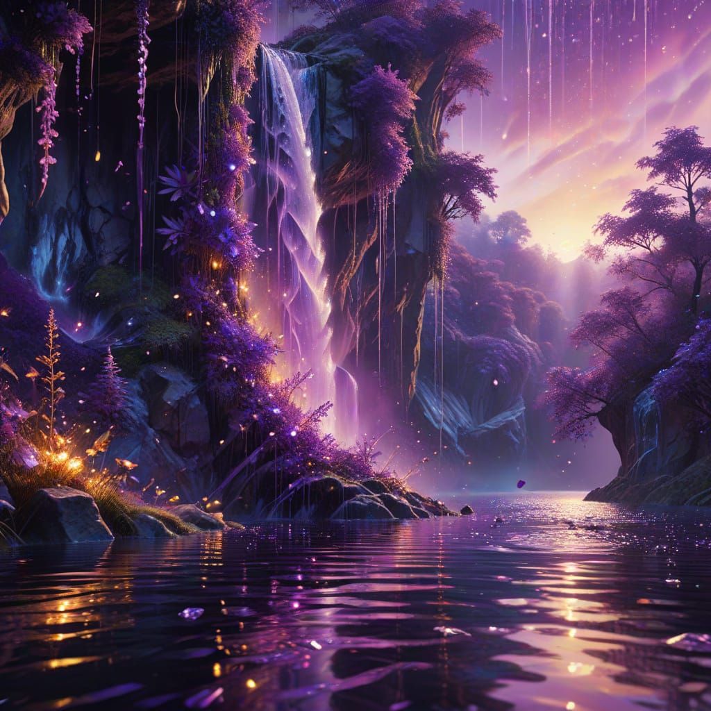 Surreal Waterfall Scene with Crystalline Notes