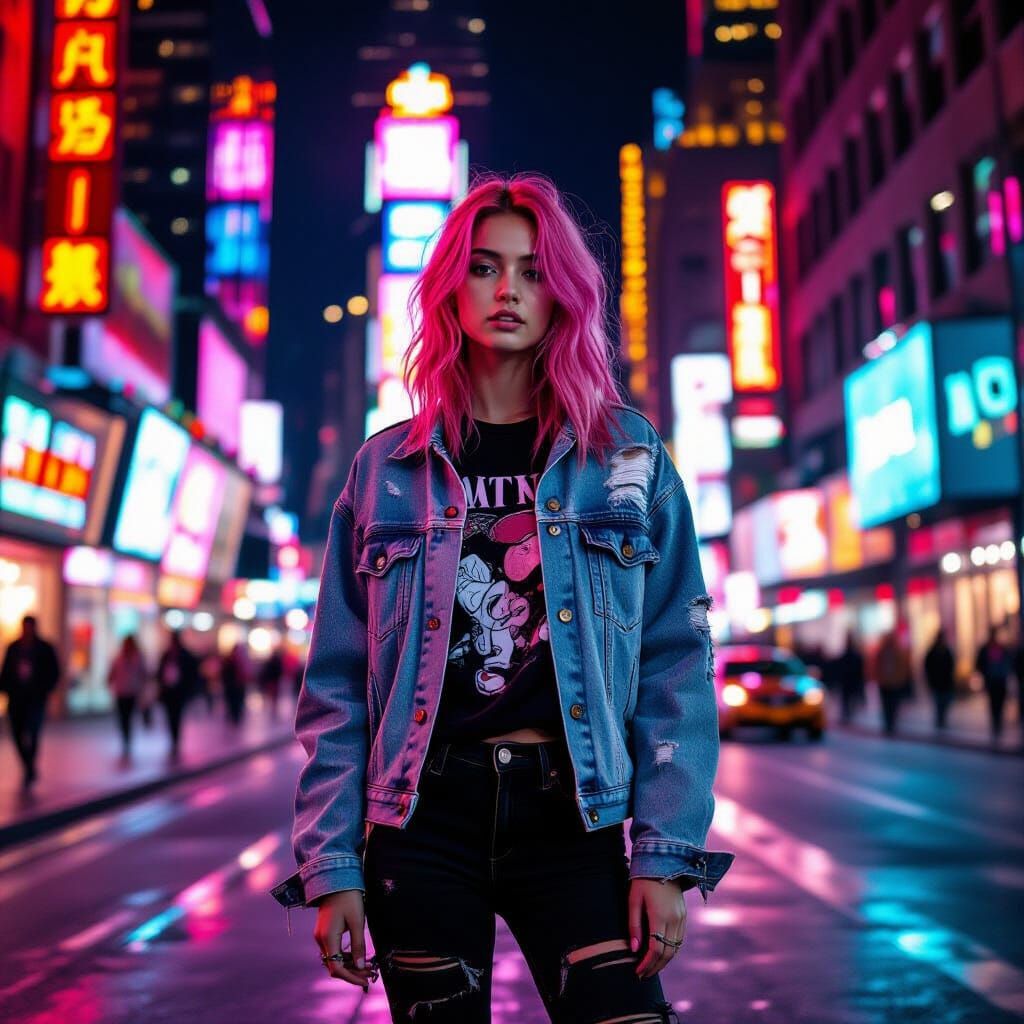 Teenage Girl in Neon City Street