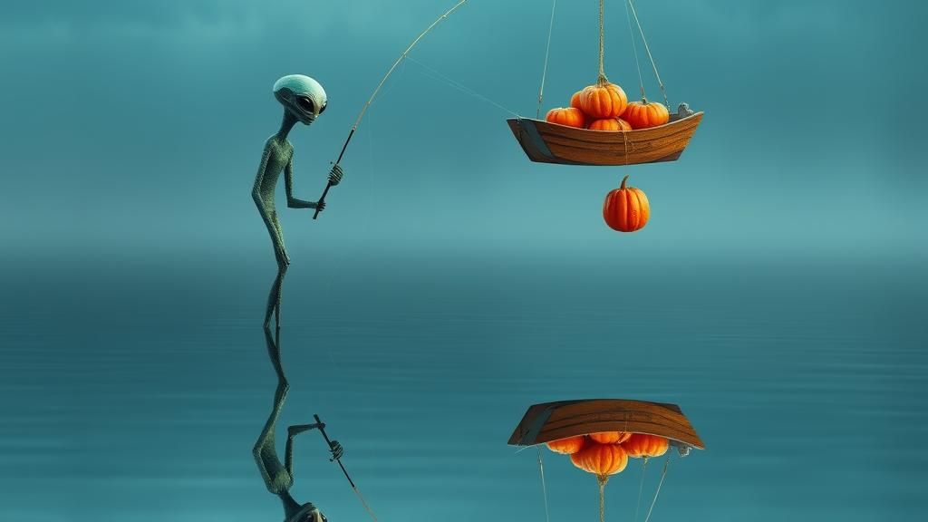 Alien Fishing for Pumpkins in Surreal Landscape