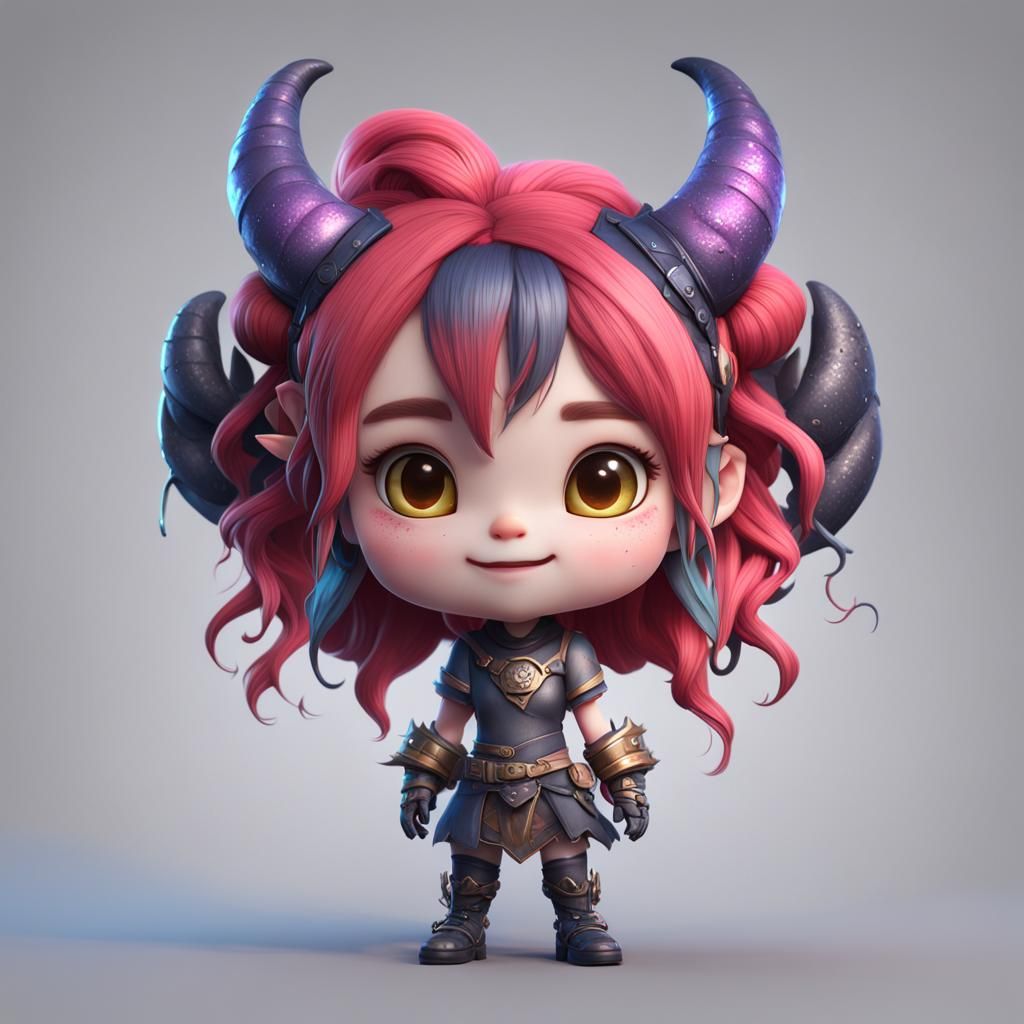 Hyperrealistic Chibi Monster Girl with Horns