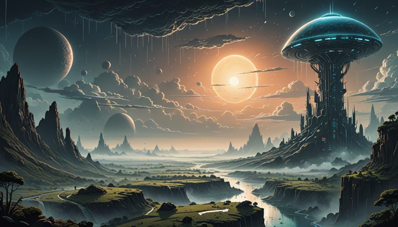 A Futuristic World in Ethereal Night, as Fine Ink Sketch