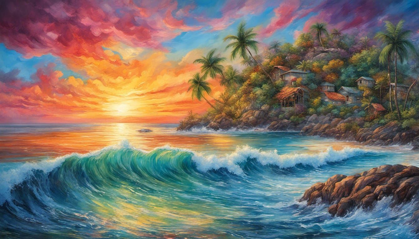 Tropical Island Sunset in Detailed Graffiti Art Style