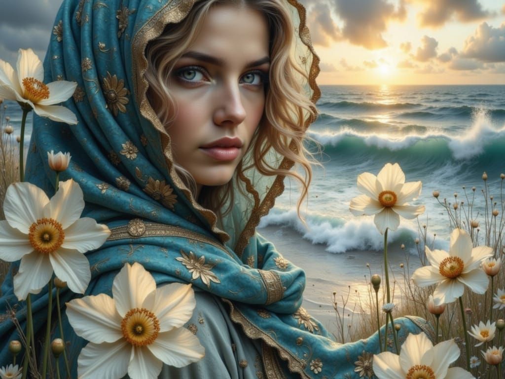 Woman in Cloak with Kitten and Cosmic Sky Over Teal Ocean