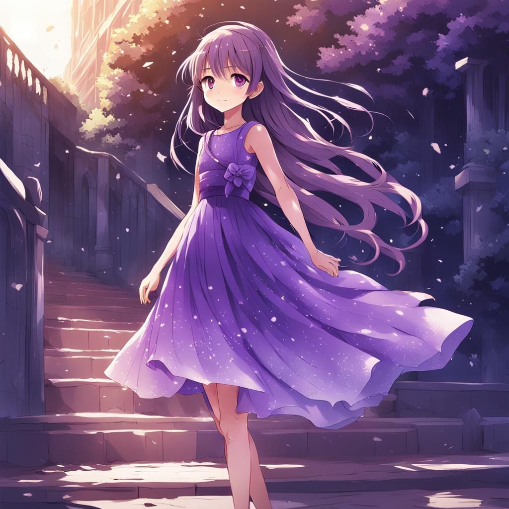 Anime Girl in Ombre Dress, Cel-Shaded Style