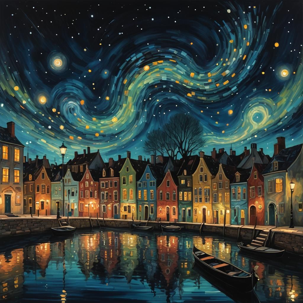 Canal at Night in Dreamlike Surreal Painting