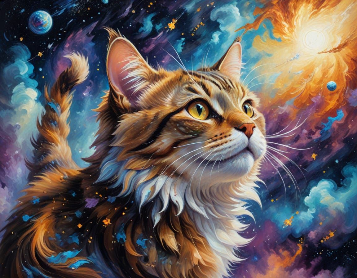 Tabby Cat Soaring Through Space in Impasto Oil Painting