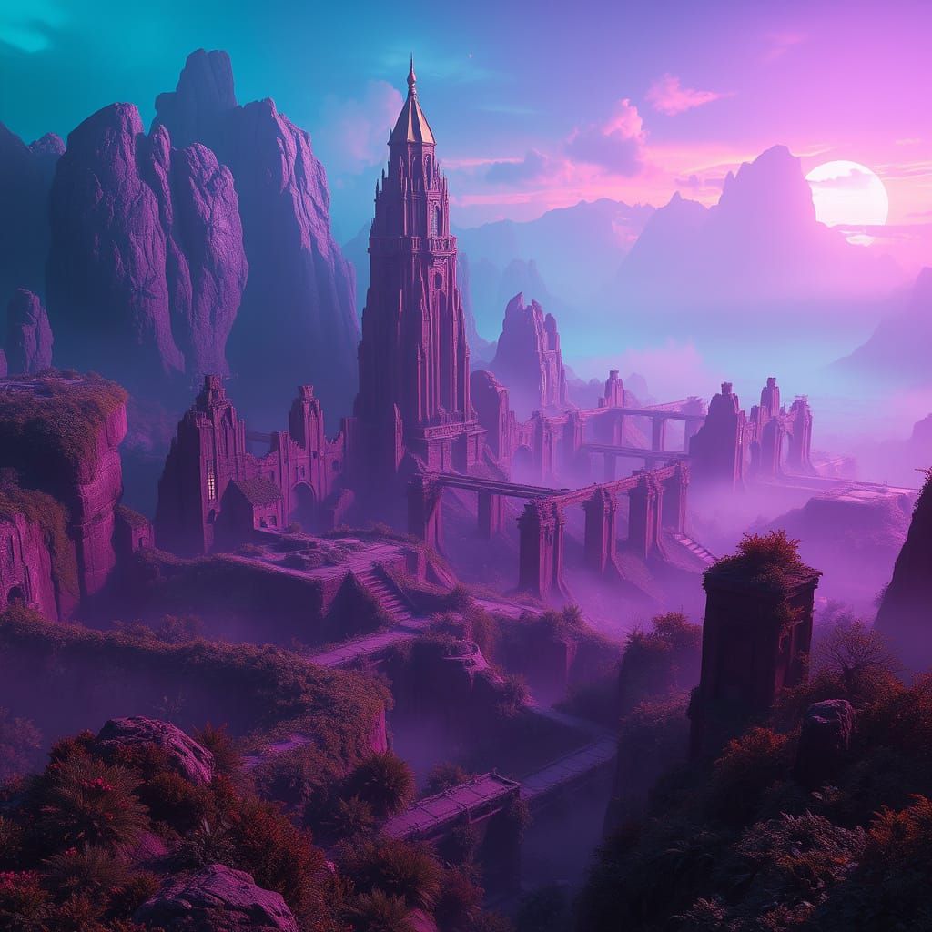 Mystical Fantasy Realm Unfolds in Vibrant Purple and Teal
