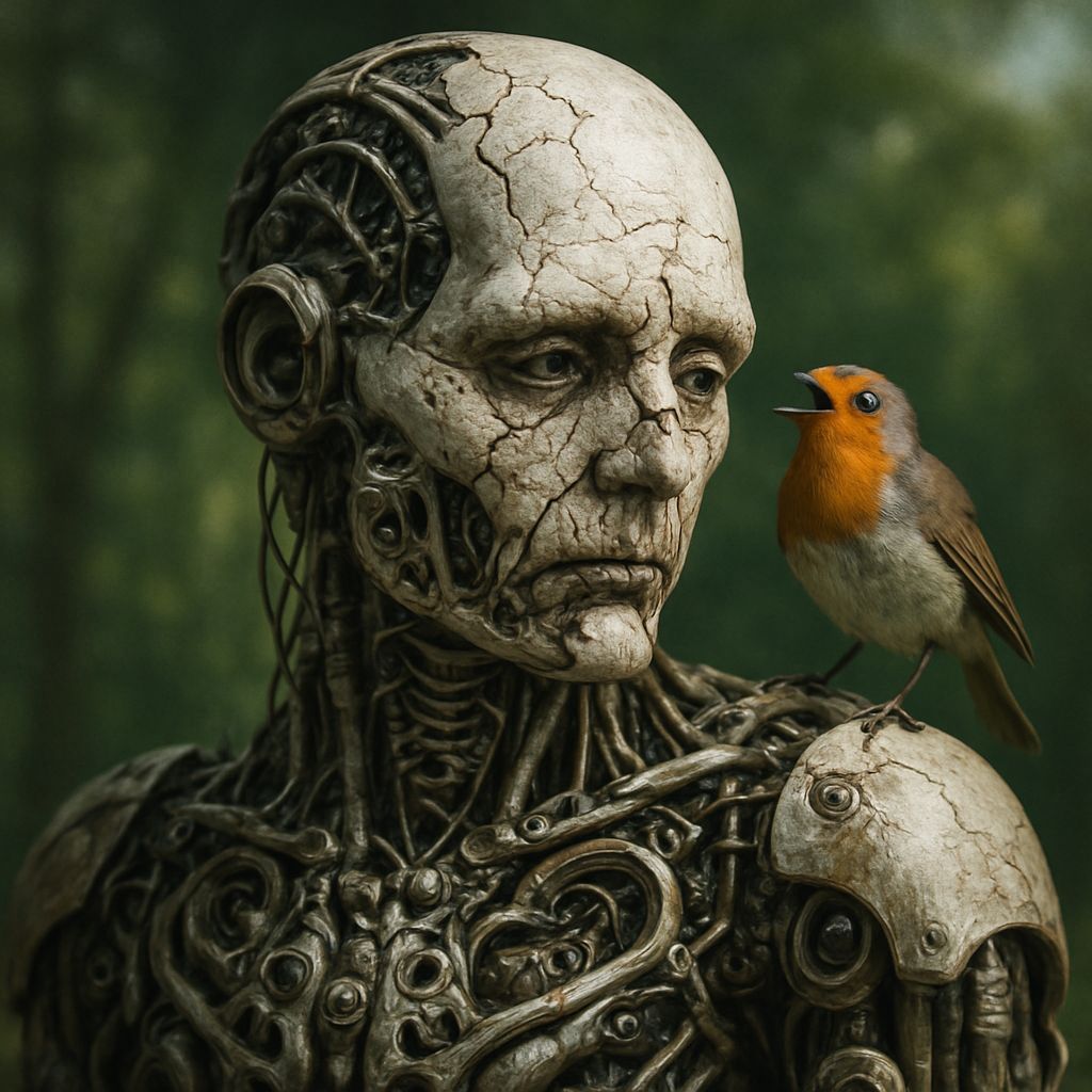 Surreal Robot with Robin in Hyper-Realistic CGI