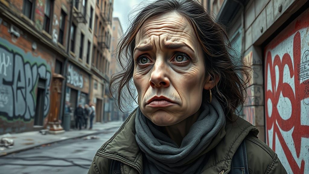 Biting Satire of Homeless Young Woman in Urban Despair