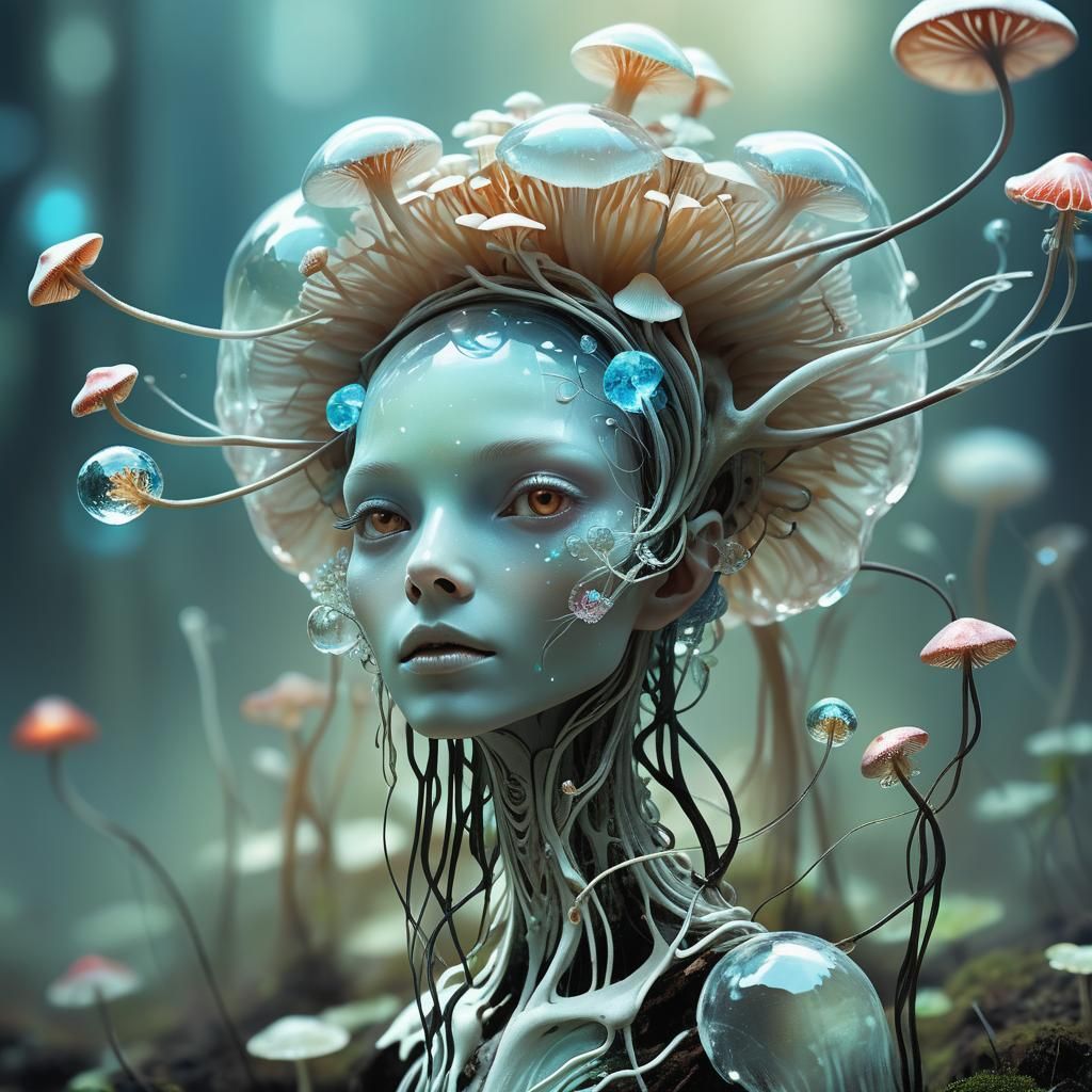 Bioluminescent Mushroom Humanoid in Sunlit Forest