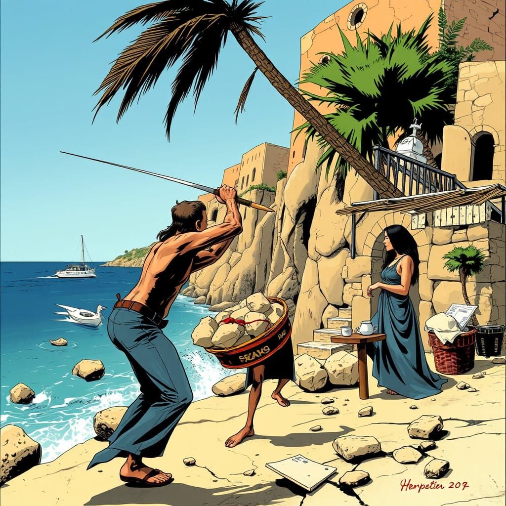 Action-Packed Mediterranean Landscape in Comic Book Style