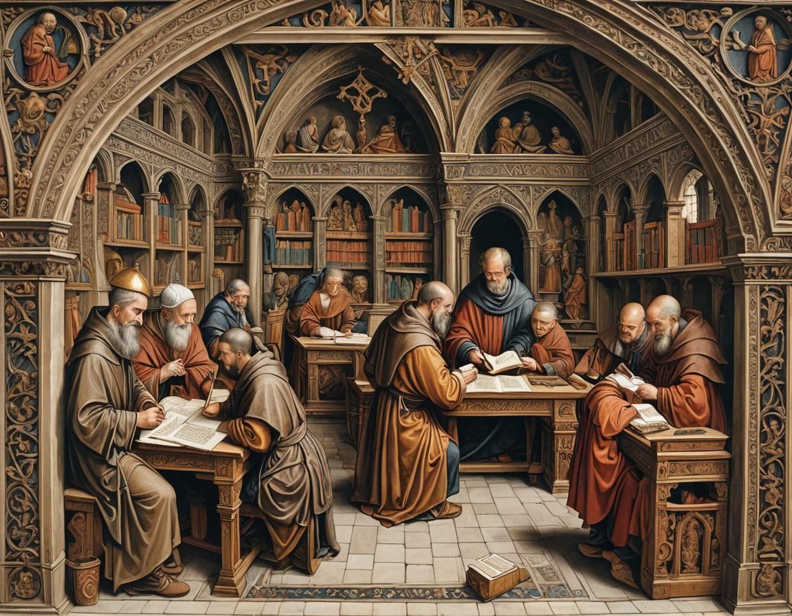 Medieval Scriptorium with Monks and Christian Symbols