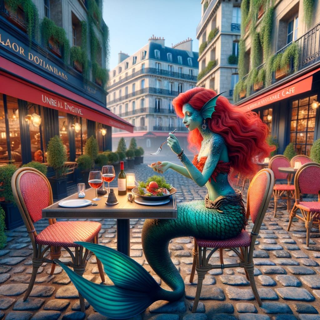 Fantastical Mermaid in Parisian Cafe
