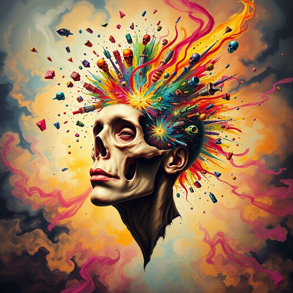 Surreal Confetti Explosion Portrait in Psychedelic Style
