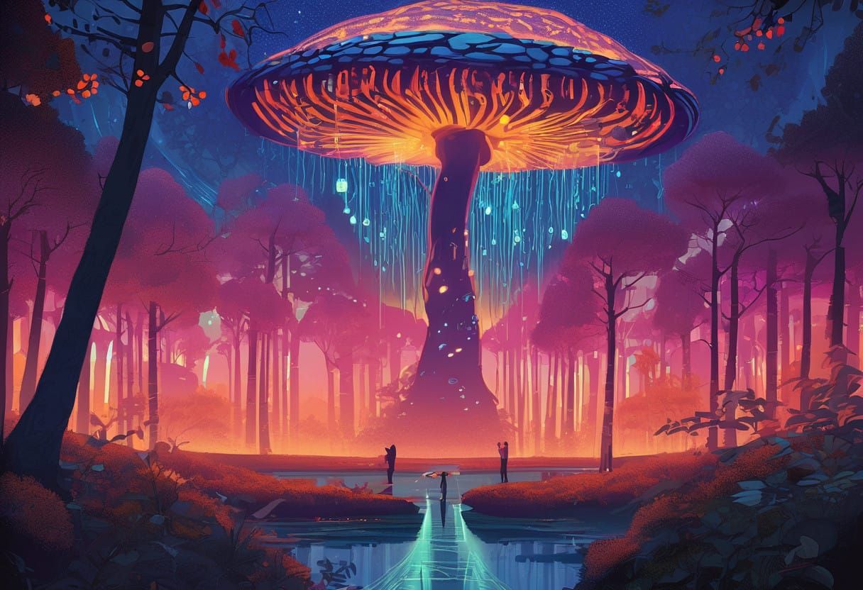 Neon-Lit Forest at Dusk in a Futuristic World