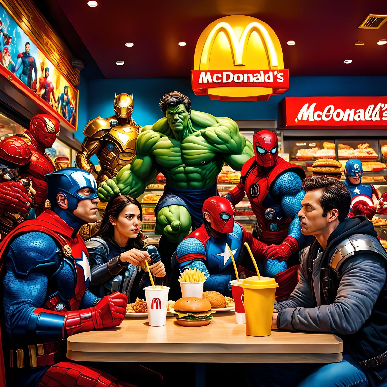 Marvel Action Figures at McDonald's, Hyperrealistic Photoill...