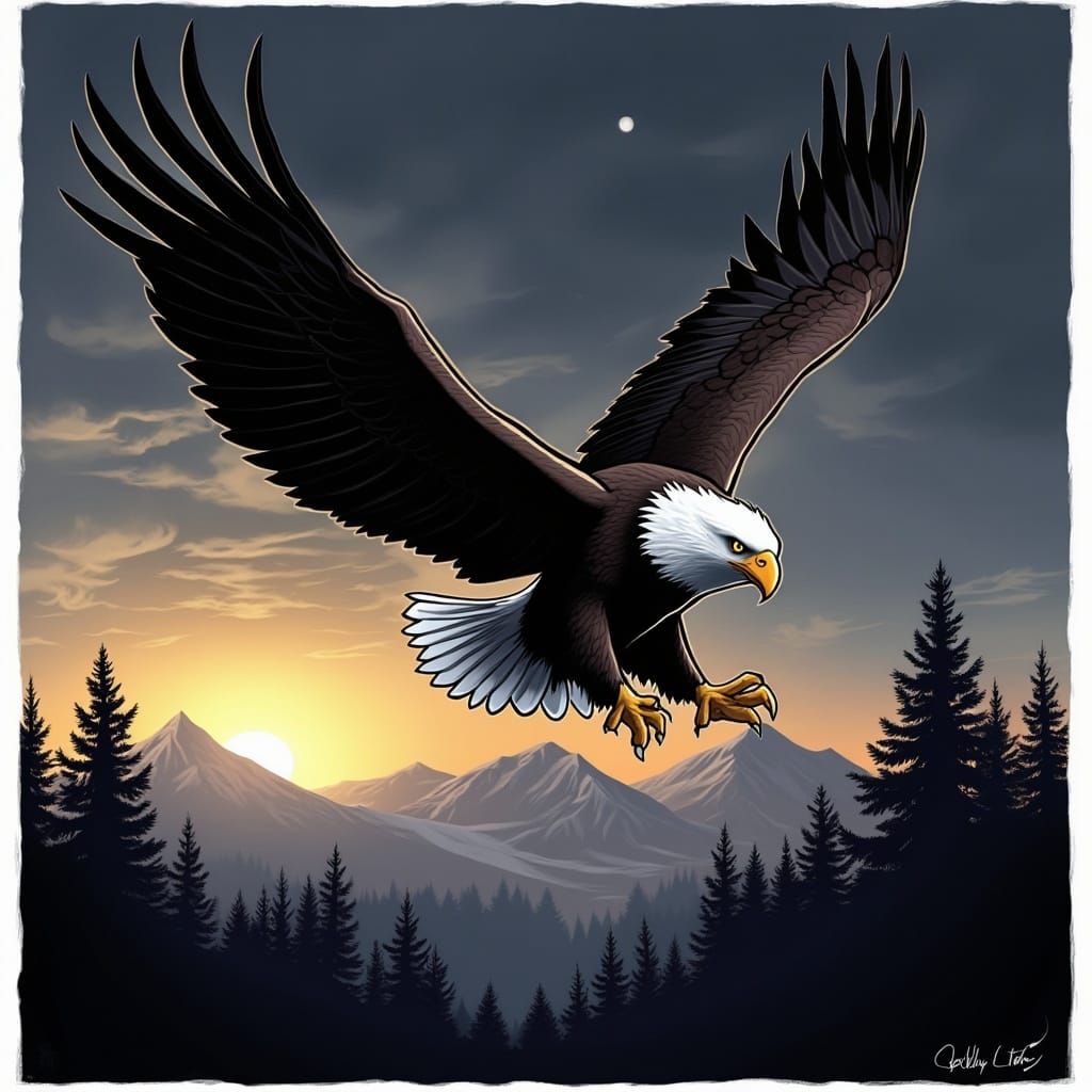 Bald Eagle in Flight Over Stormy Mountains