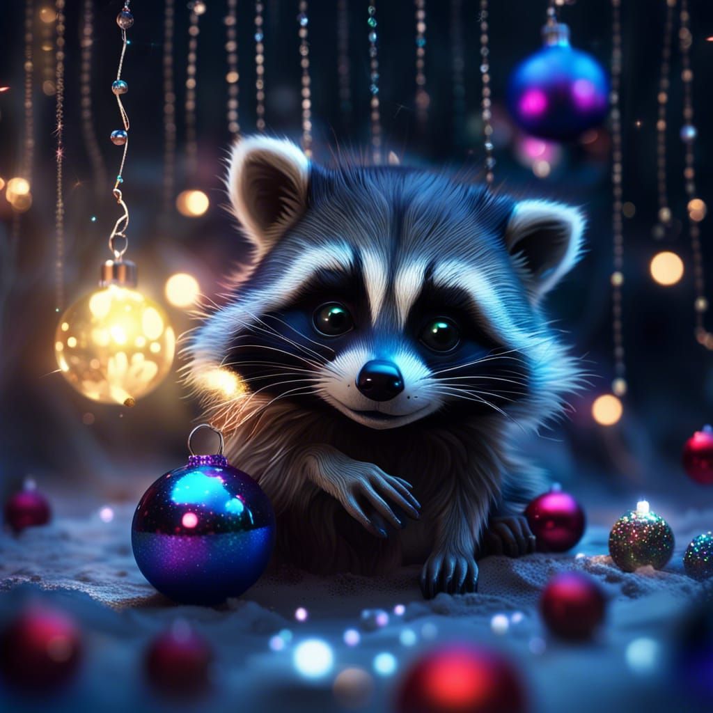 Baby Raccoon with Christmas Baubles, Cinematic Photography