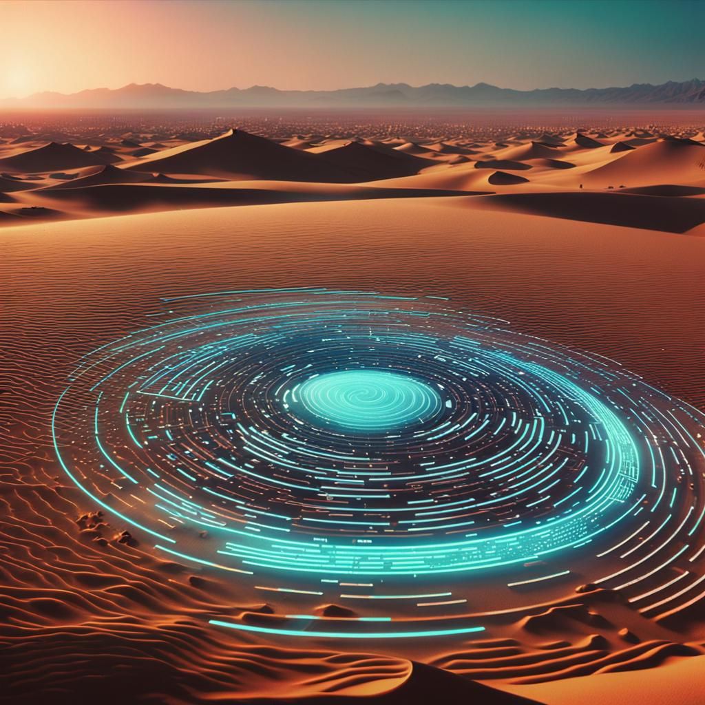 Cyberpunk Desert City with Encrypted Code Trails