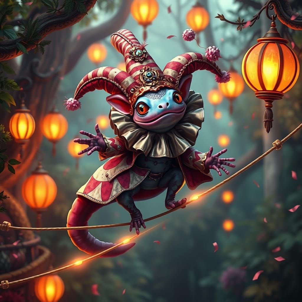 Vibrant Axolotl Jester in Whimsical Fantasy Setting