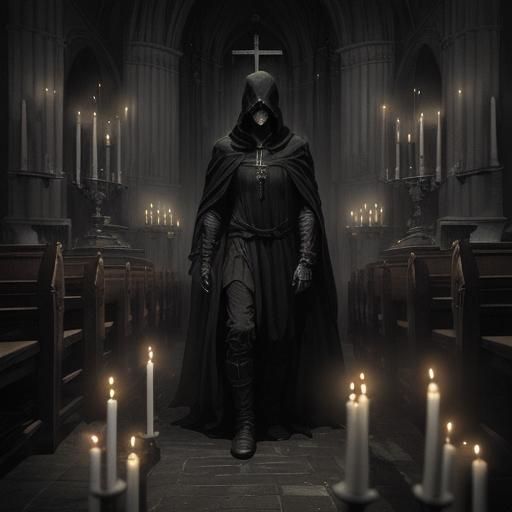 Creepy Hooded Figure in Church, Gothic Horror Style