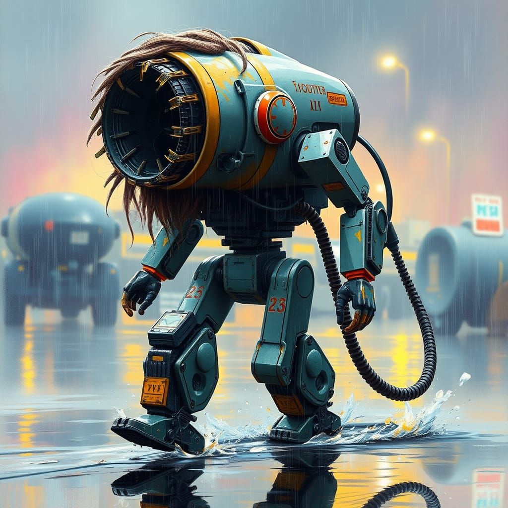 Giant Hair Dryer Robot Walks in the Rain