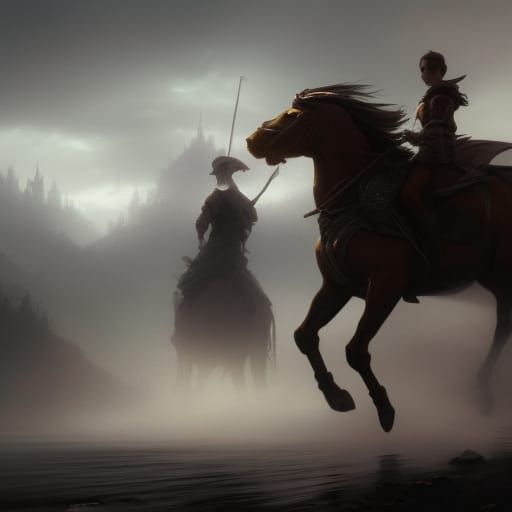 Knight on Horseback in Fog, Dark Fantasy Art