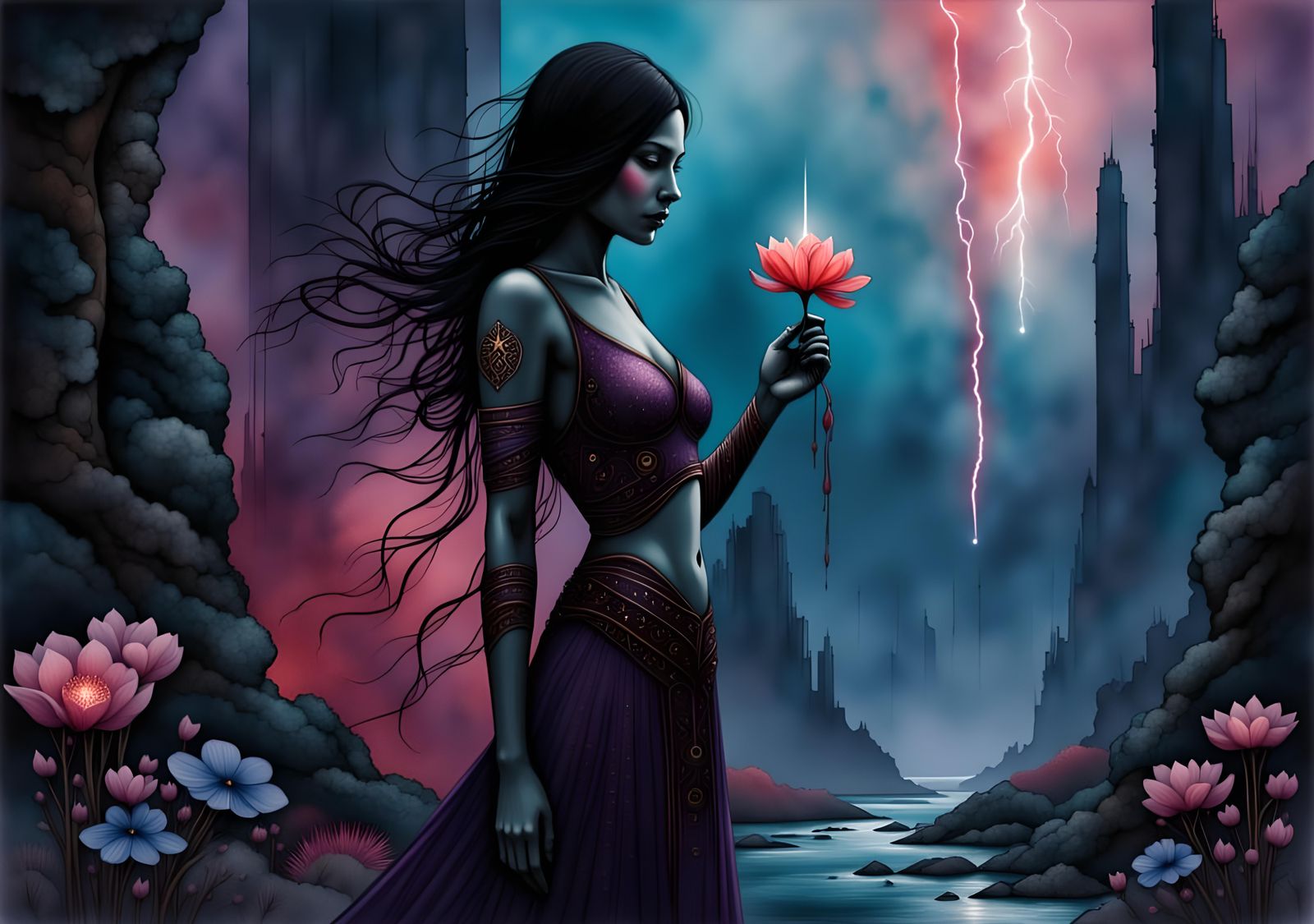 Sci-Fi Warrior Woman in Dystopian Inked Landscape