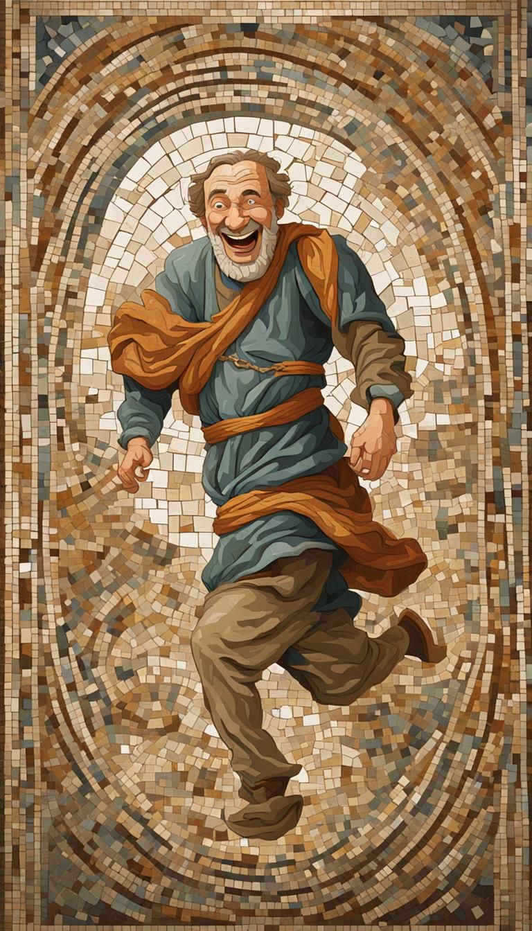 Cartoon Man Flees With Antique Mosaic